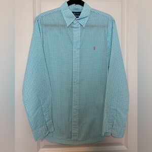 Ralph Lauren Men's Aqua Checkered Button Down Shirt